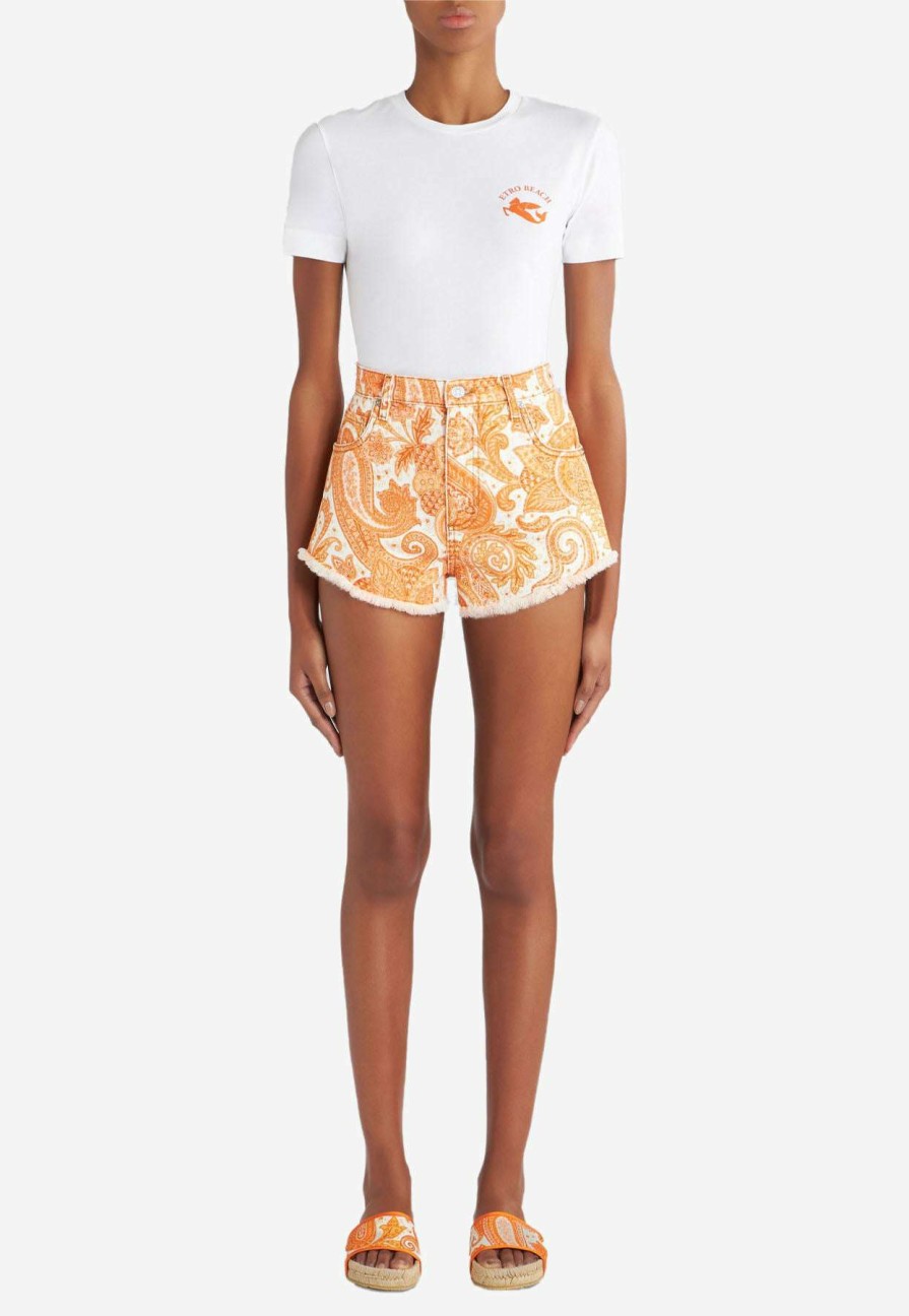 Shorts * | Etro Liquid Paisley Fringed Mini Shorts Orange