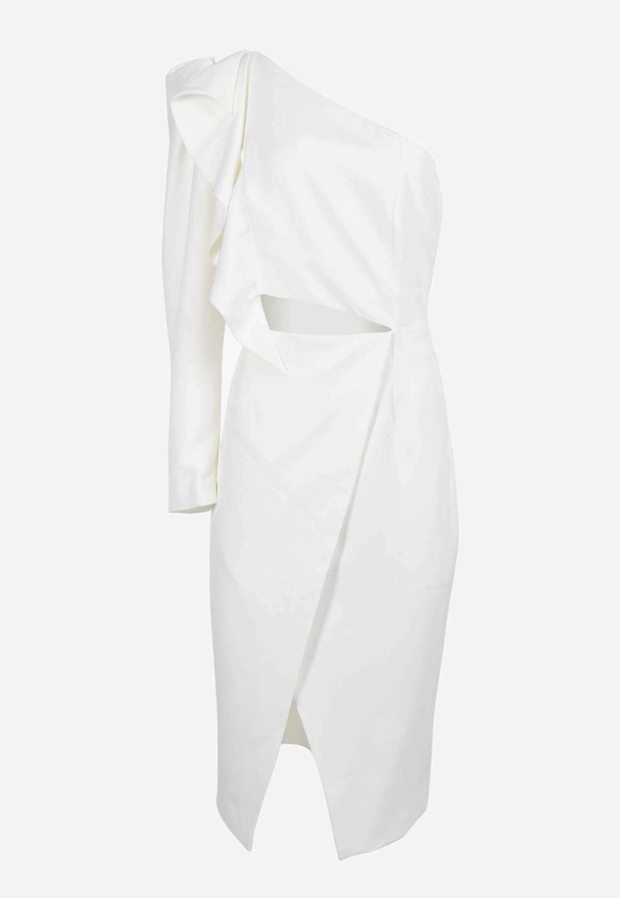 Dresses * | Lavish Alice One Shoulder Ruffle Wrap Midi Dress White