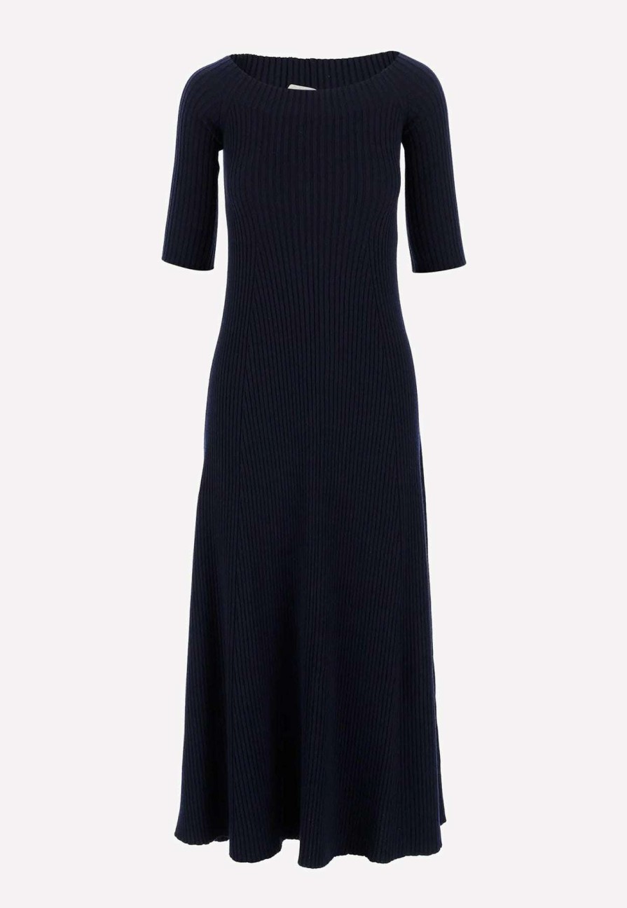 Dresses * | Chloe Off-Shoulder Rib Knit Maxi Dress Navy