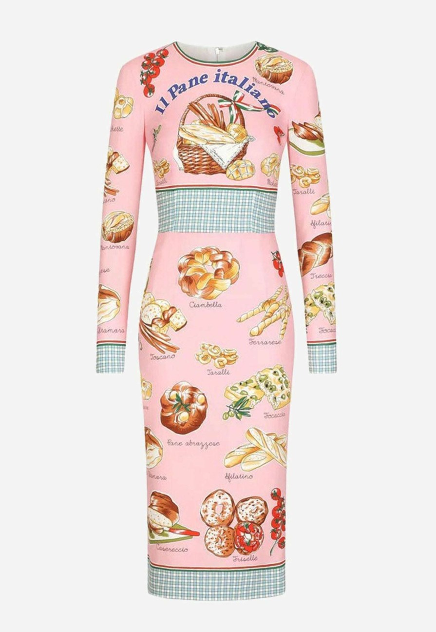 Dresses * | Dolce & Gabbana Bread Print Charmeuse Midi Dress Pink