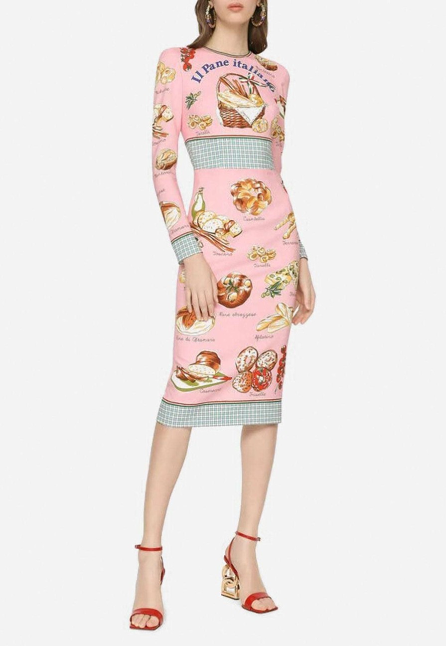 Dresses * | Dolce & Gabbana Bread Print Charmeuse Midi Dress Pink