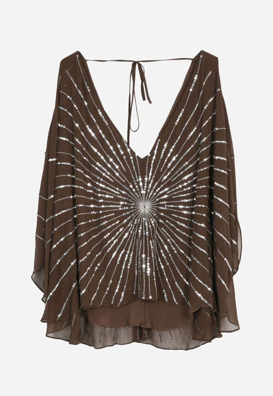 Evening * | Bcbg Max Azria Cold-Shoulder Sequined Silk Top Brown