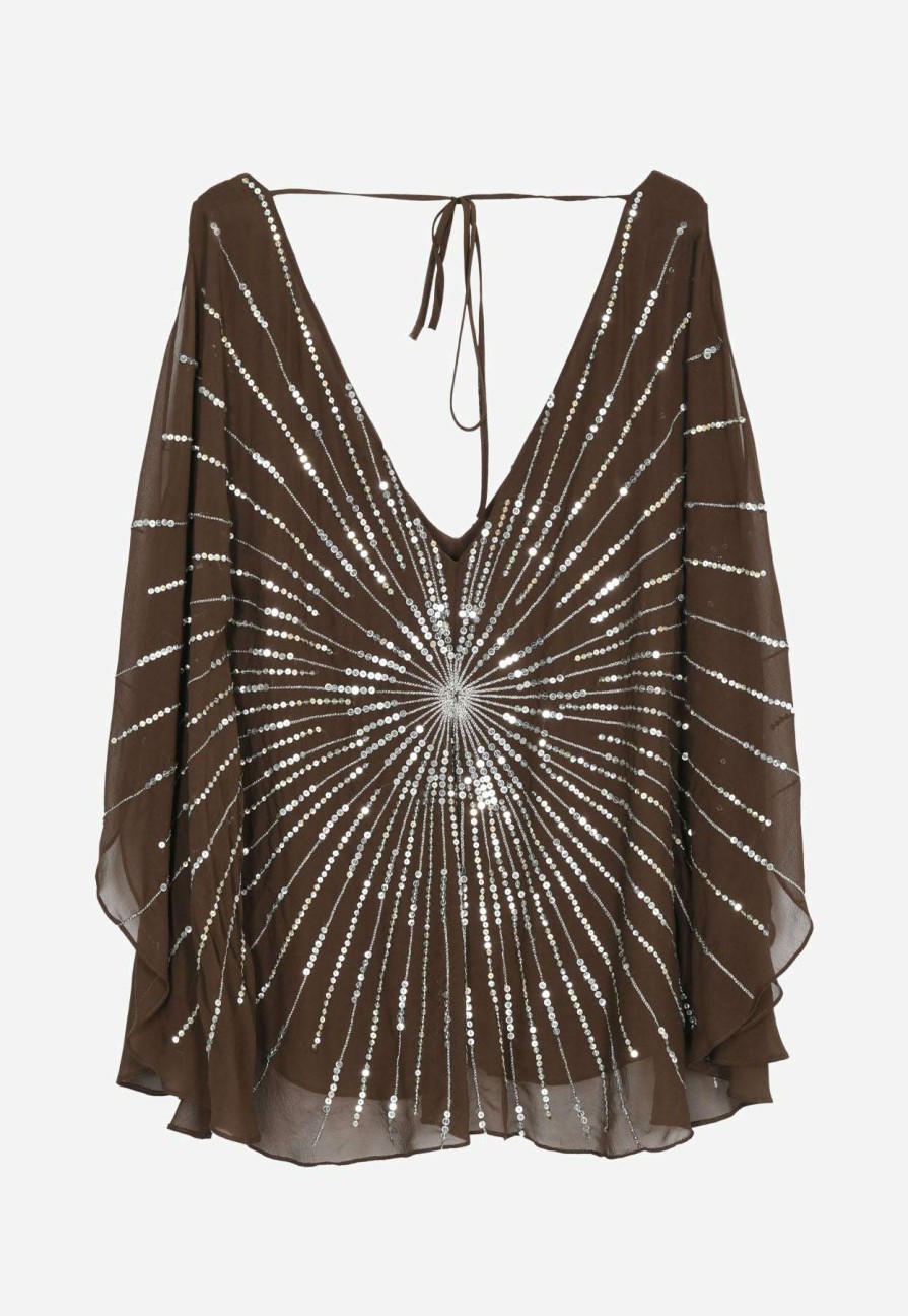 Evening * | Bcbg Max Azria Cold-Shoulder Sequined Silk Top Brown