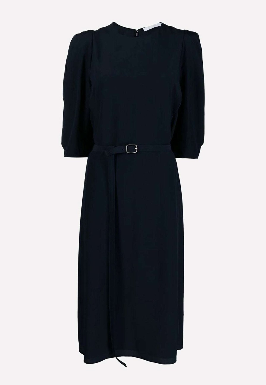 Dresses * | Chloe Belted Silk Midi Dress Navy