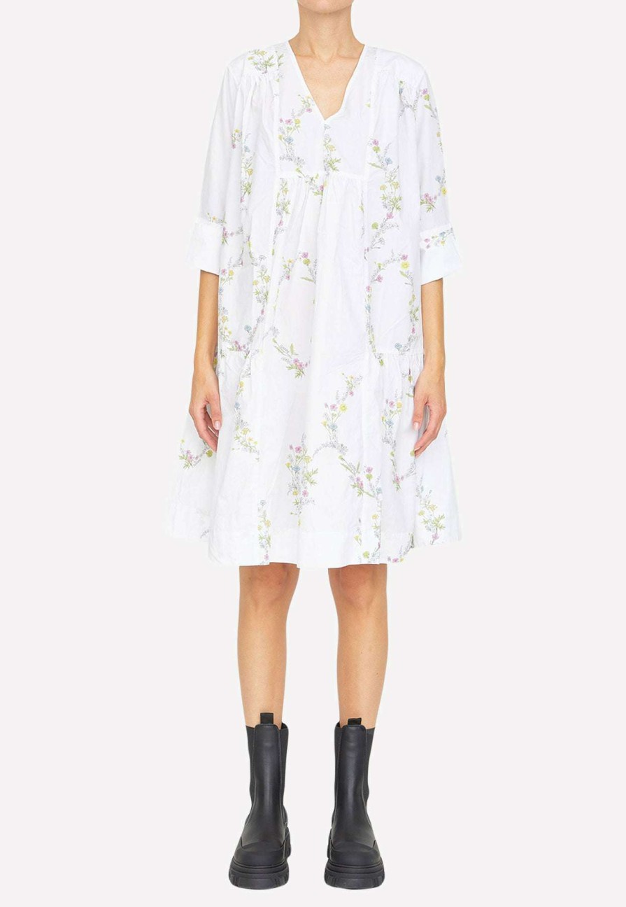 Dresses * | Ganni Floral Embroidered Poplin Dress White