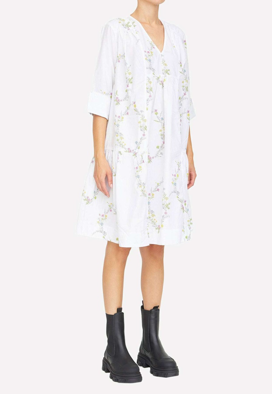 Dresses * | Ganni Floral Embroidered Poplin Dress White