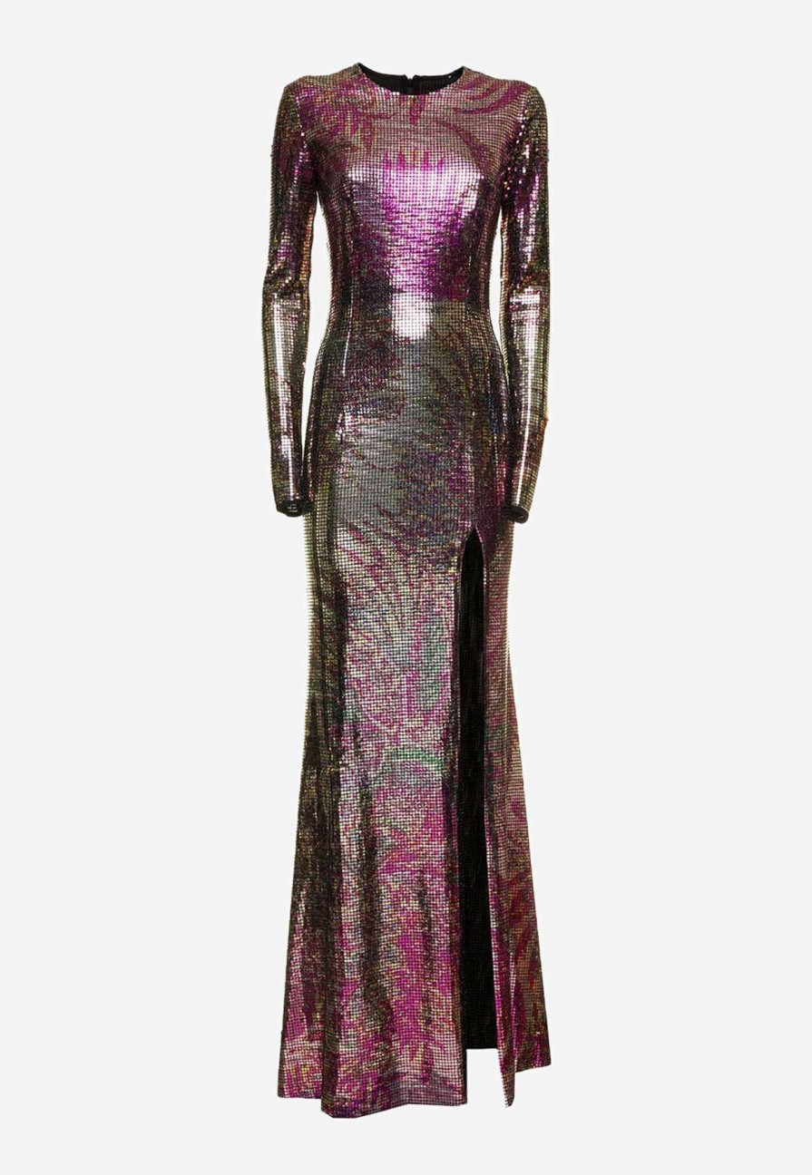 Evening * | Etro Long-Sleeved Maxi Dress With Geometric Printed Micro Plates Multicolor