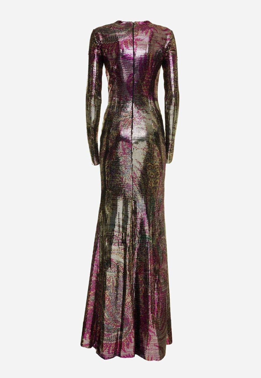 Evening * | Etro Long-Sleeved Maxi Dress With Geometric Printed Micro Plates Multicolor