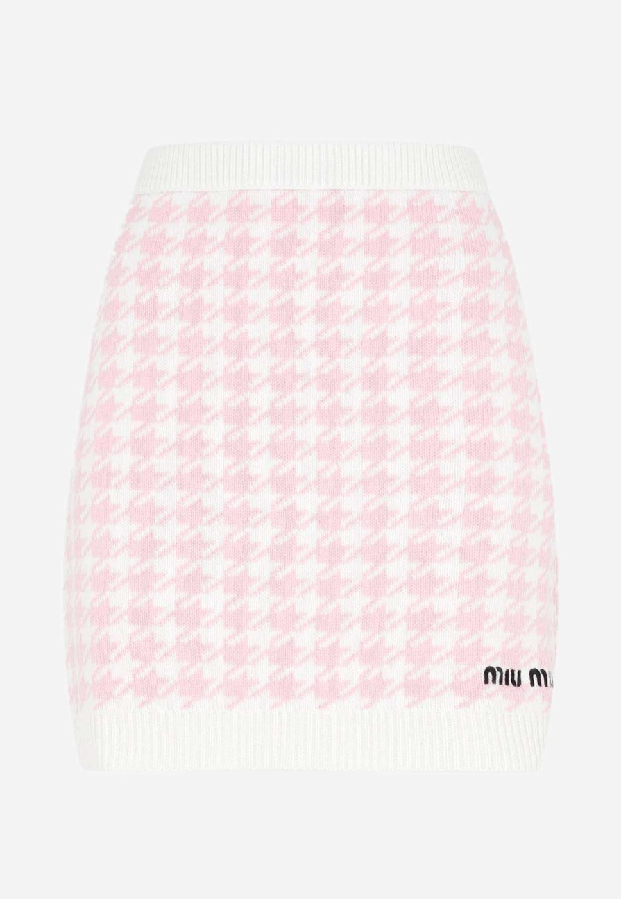 Skirts * | Miu Miu Houndstooth Knitted Mini Skirt In Cashmere Pink