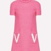 Dresses * | Valentino Embroidered V Tweed Mini Dress Fuchsia