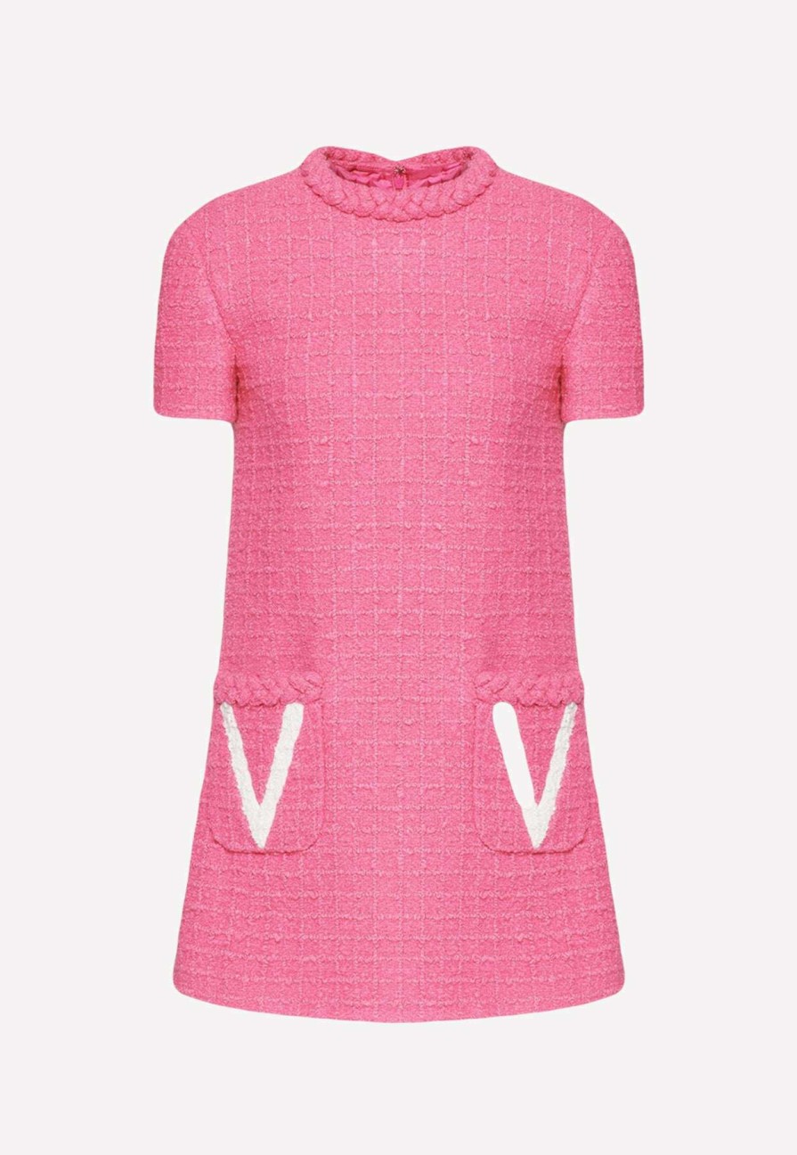 Dresses * | Valentino Embroidered V Tweed Mini Dress Fuchsia