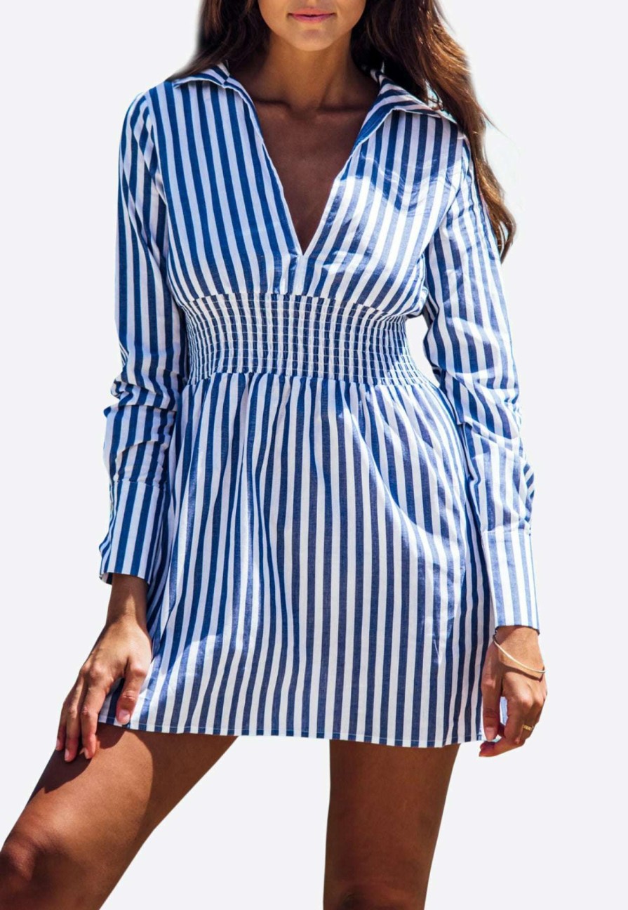 Dresses * | Les Canebiers Vignes Elastic Waist Striped Mini Dress Blue