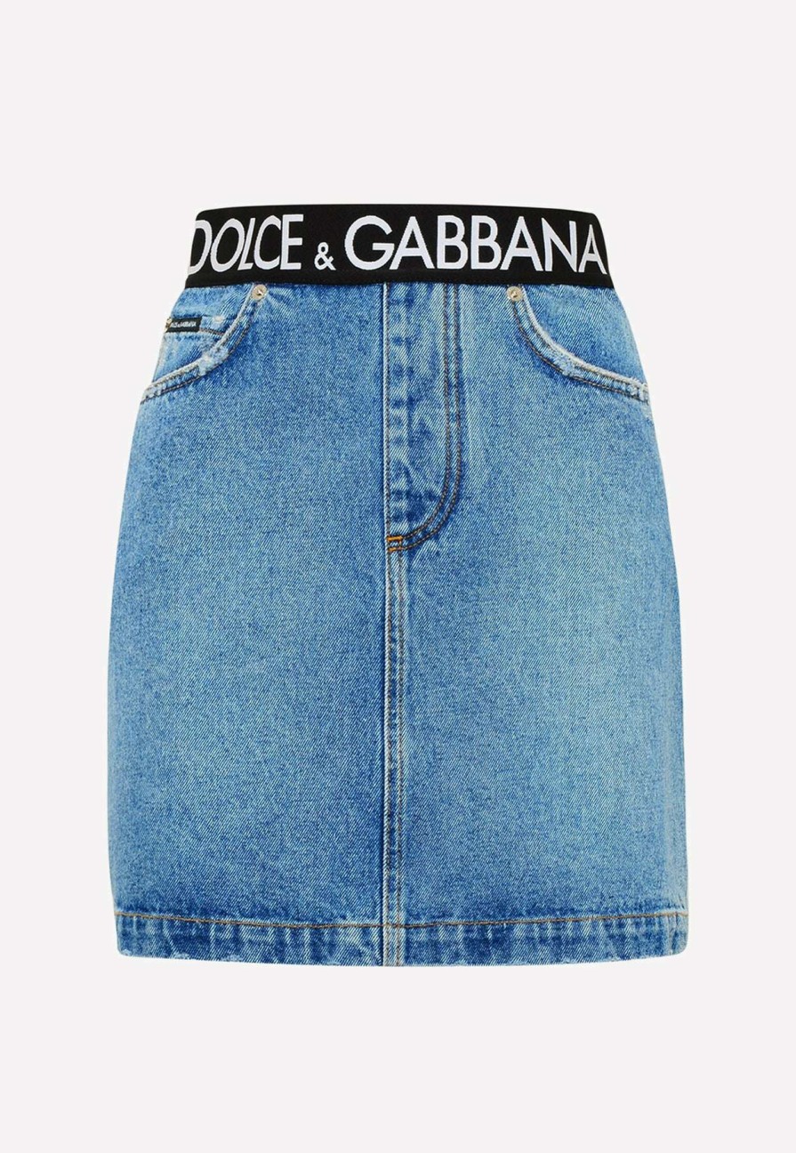 Skirts * | Dolce & Gabbana Logo Waistband Mini Denim Skirt Denim