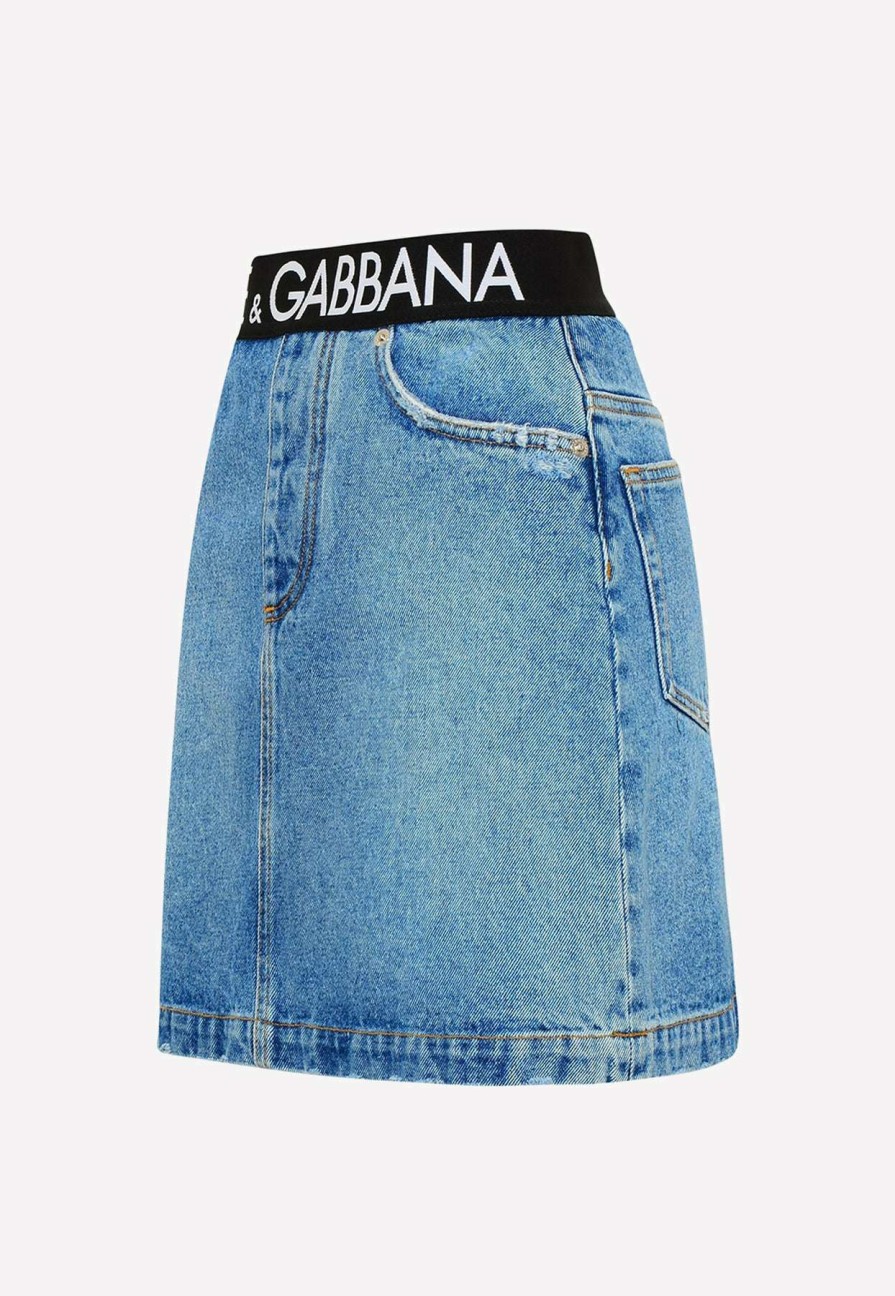 Skirts * | Dolce & Gabbana Logo Waistband Mini Denim Skirt Denim