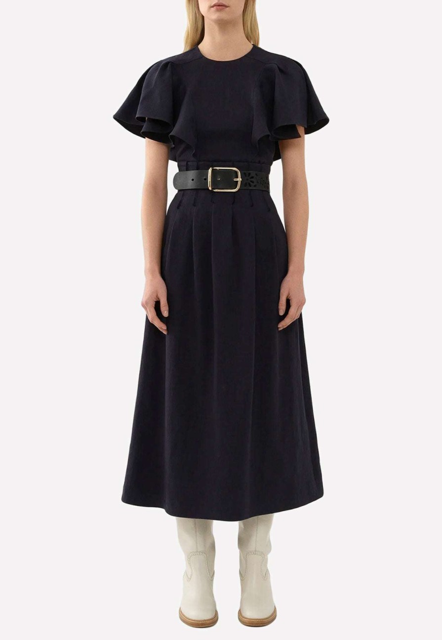 Skirts * | Chloe High-Waist Pleated Midi Skirt Navy