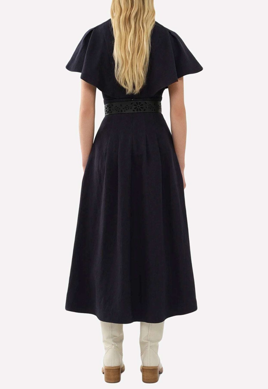 Skirts * | Chloe High-Waist Pleated Midi Skirt Navy