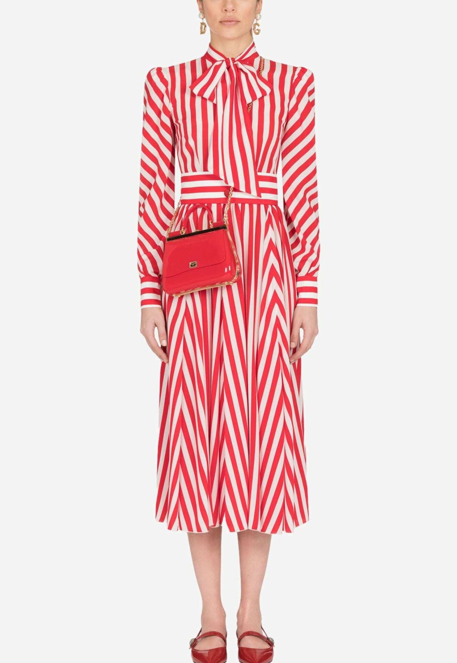 Dresses * | Dolce & Gabbana Striped Silk Midi Dress With Self-Tie Bow Red