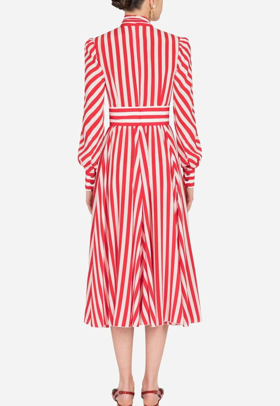 Dresses * | Dolce & Gabbana Striped Silk Midi Dress With Self-Tie Bow Red