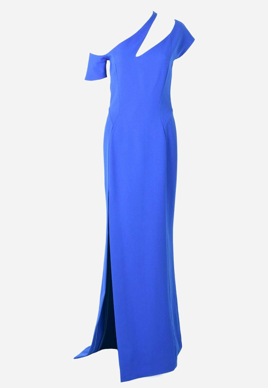 Evening * | Mugler Asymmetric Neck Column Gown With Slit Blue