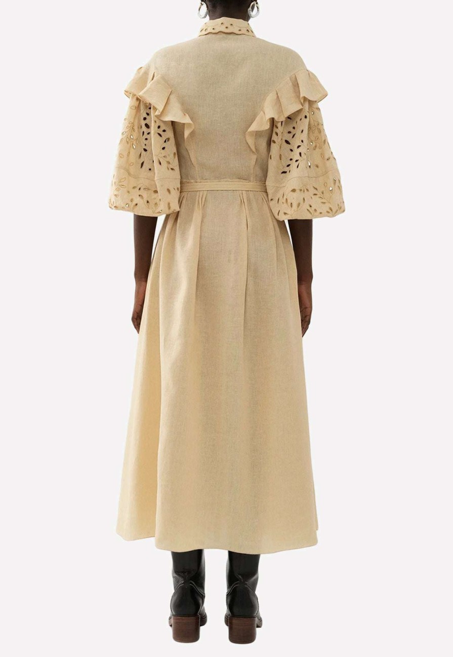 Dresses * | Chloe Balloon-Sleeved Ruffed Yoke Midi Dress Beige