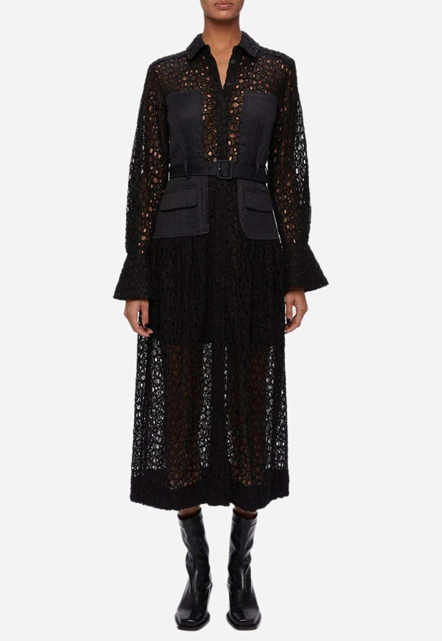 Dresses * | Jonathan Simkhai Zuma Lace Patchwork Shirt Midi Dress Black