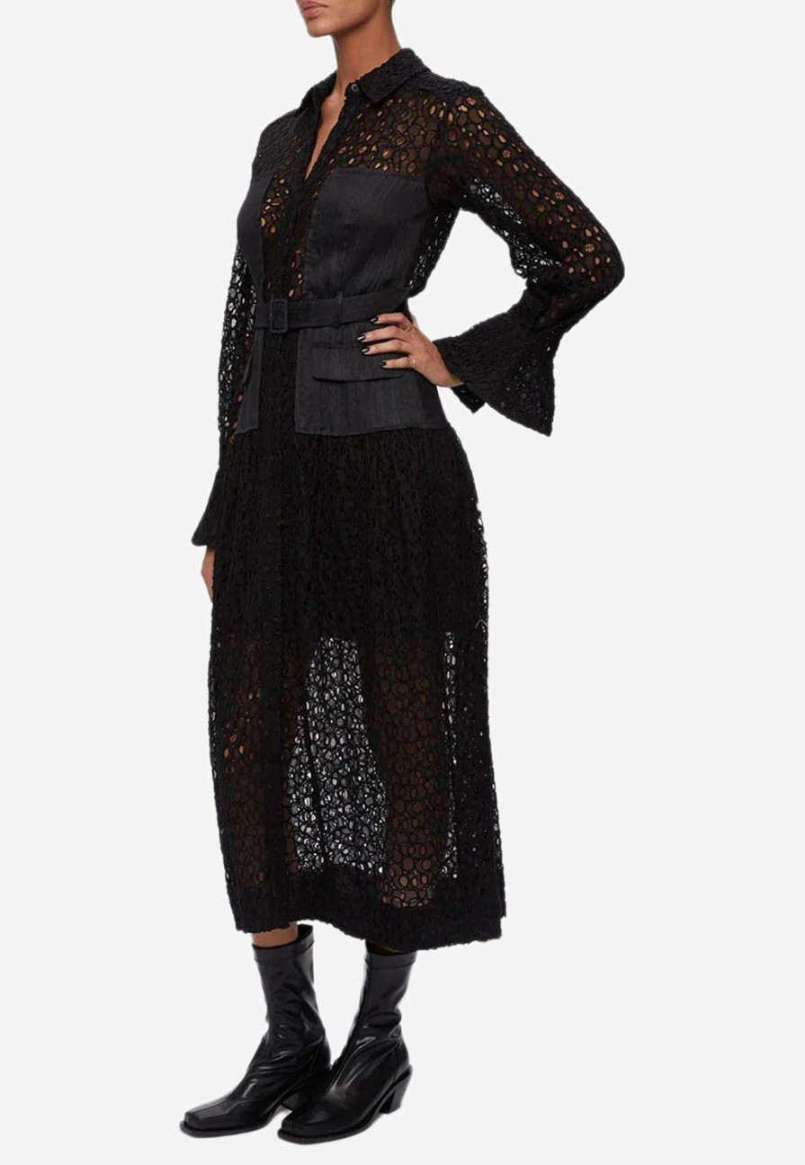 Dresses * | Jonathan Simkhai Zuma Lace Patchwork Shirt Midi Dress Black