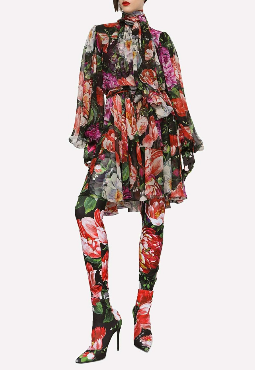 Evening * | Dolce & Gabbana Floral Print Chiffon Midi Dress Multicolor