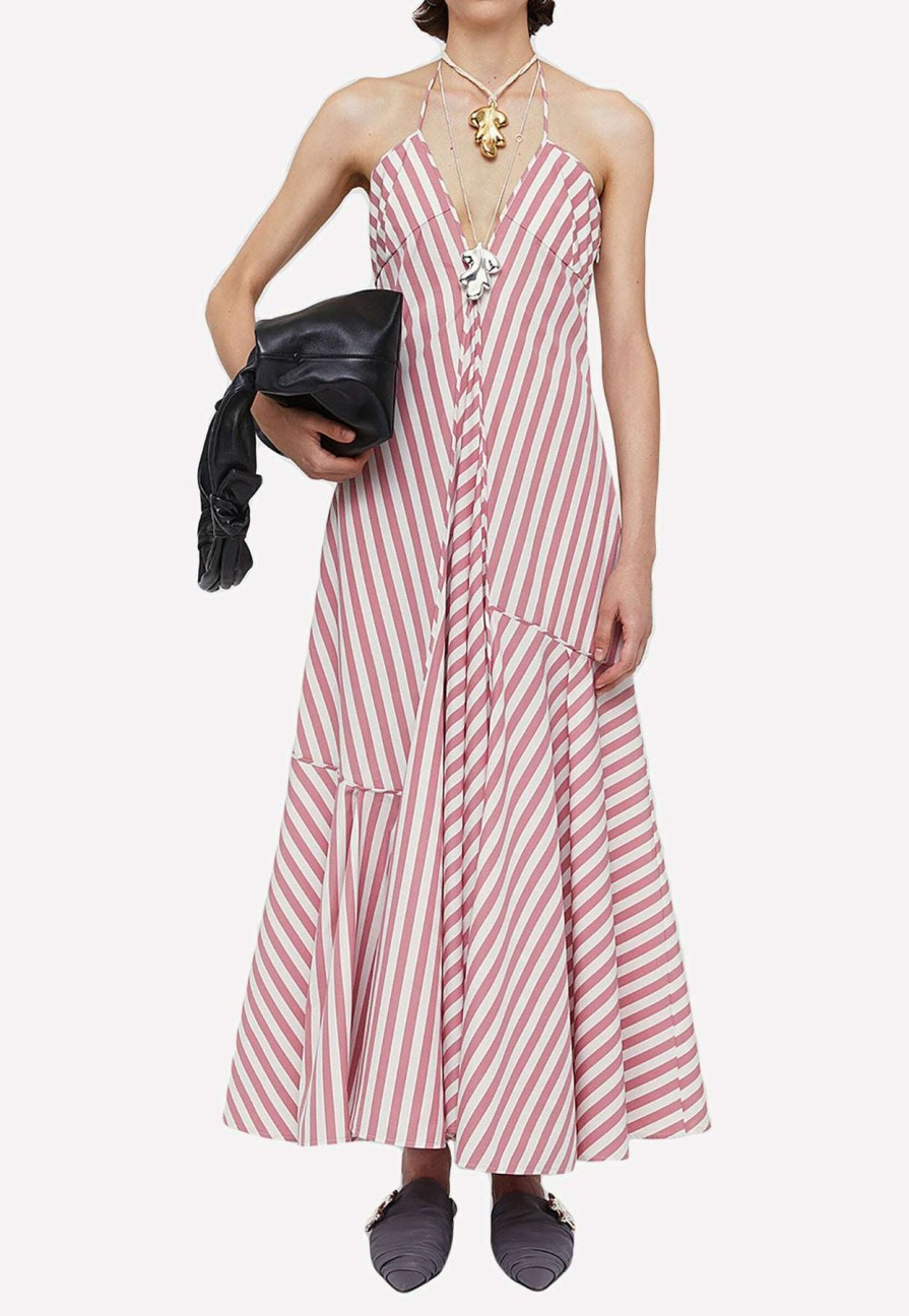 Dresses * | Jil Sander Halterneck Striped Maxi Dress Pink