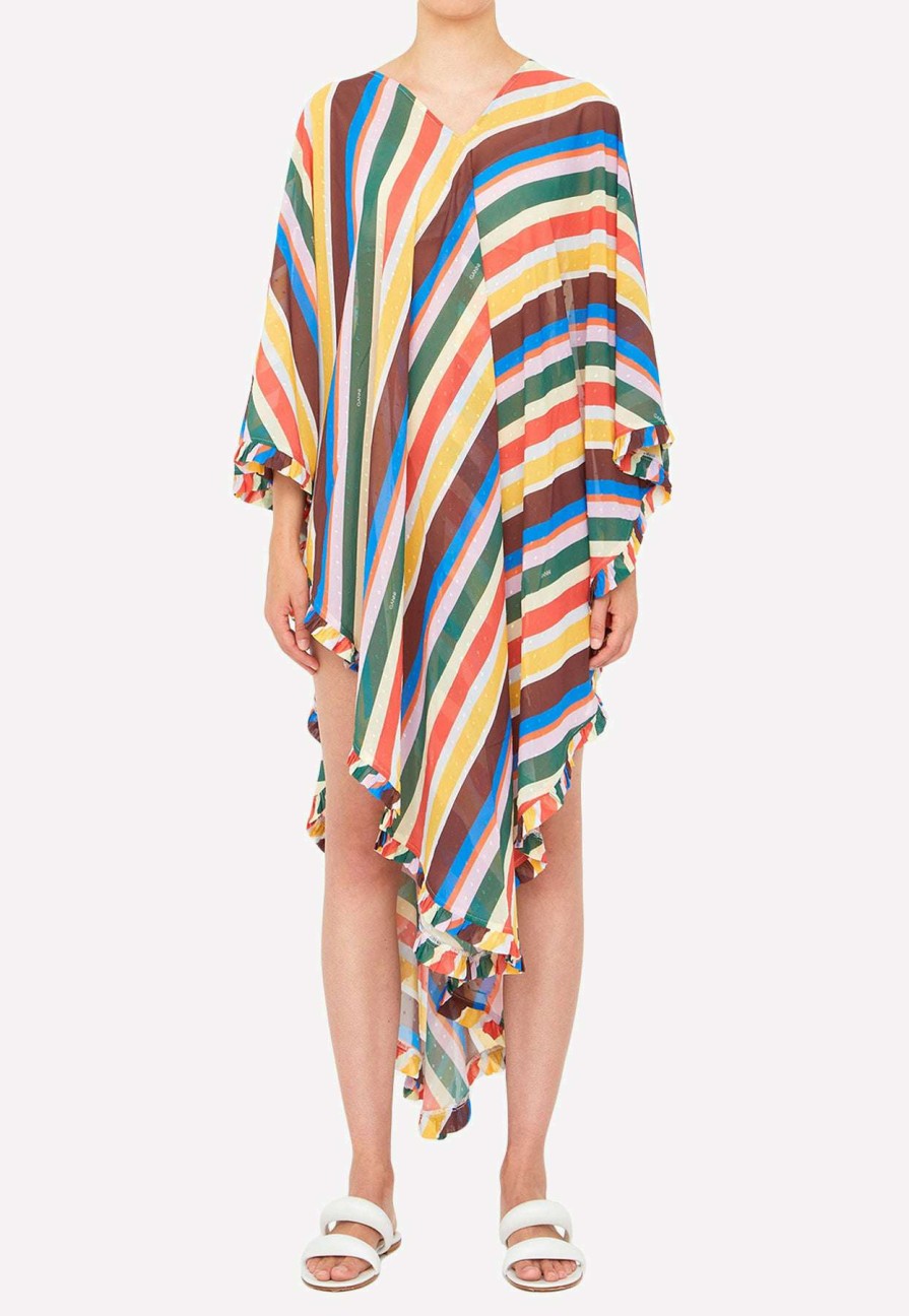 Dresses * | Ganni Asymmetric Striped Long-Sleeved Beach Dress Multicolor