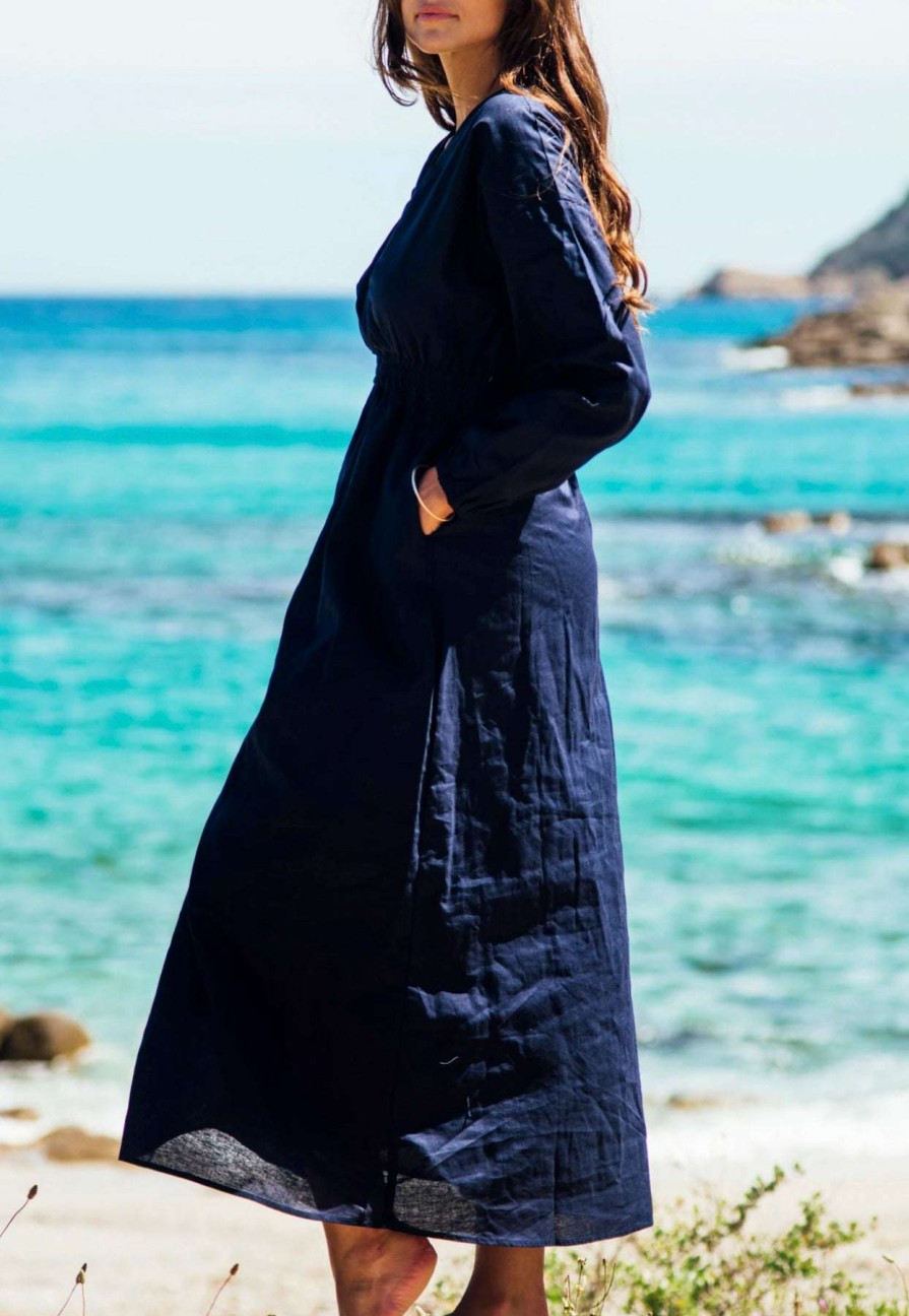 Dresses * | Les Canebiers Eau Vive Elastic Waist Maxi Dress Blue