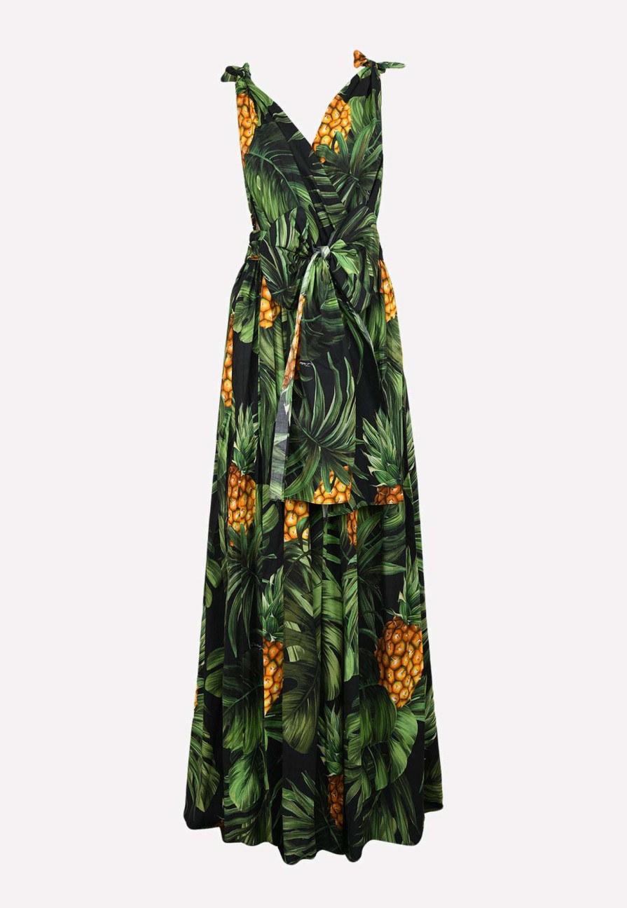 Evening * | Dolce & Gabbana Tropical Print Belted Maxi Dress Green