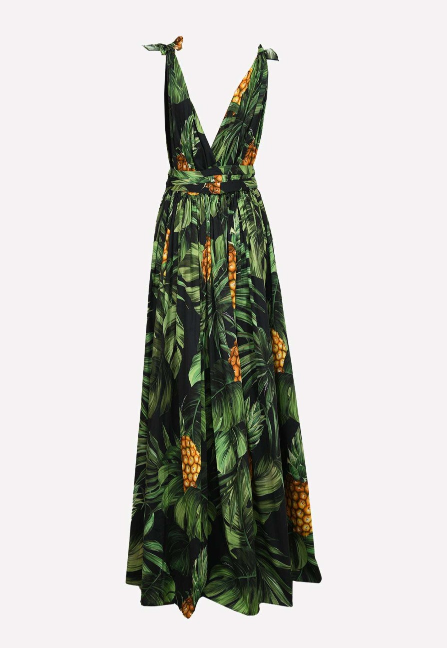 Evening * | Dolce & Gabbana Tropical Print Belted Maxi Dress Green