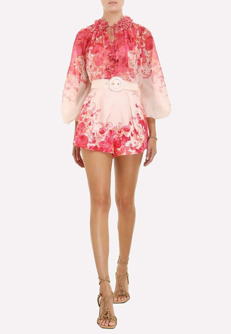 Shorts * | Zimmermann High Tide Floral Tuck Shorts Pink