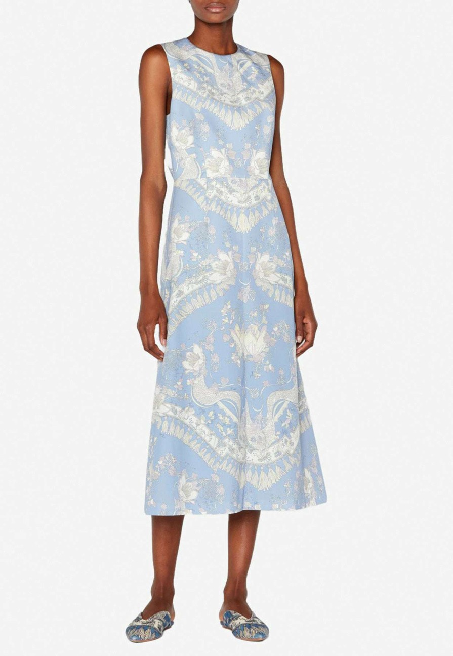 Dresses * | Emilio Pucci Rugiada Print Cotton Sleeveless Midi Dress Light Blue