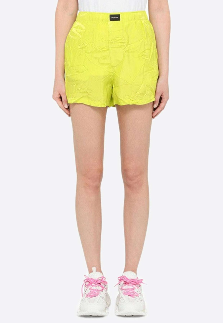 Shorts * | Balenciaga Logo Patch Creased-Effect Shorts Yellow