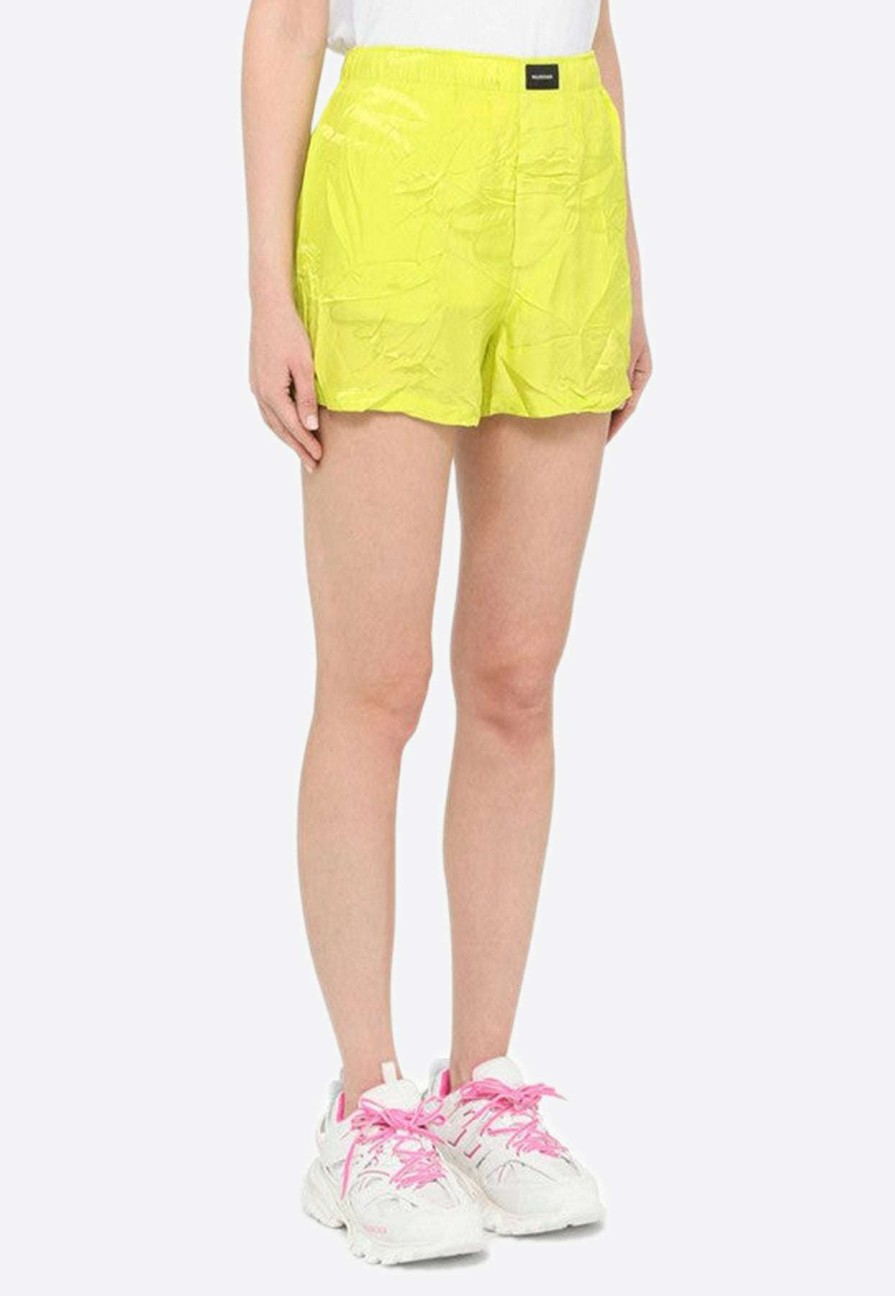 Shorts * | Balenciaga Logo Patch Creased-Effect Shorts Yellow