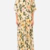 Dresses * | Dolce & Gabbana Camellia Print Silk Georgette Caftan Dress Yellow