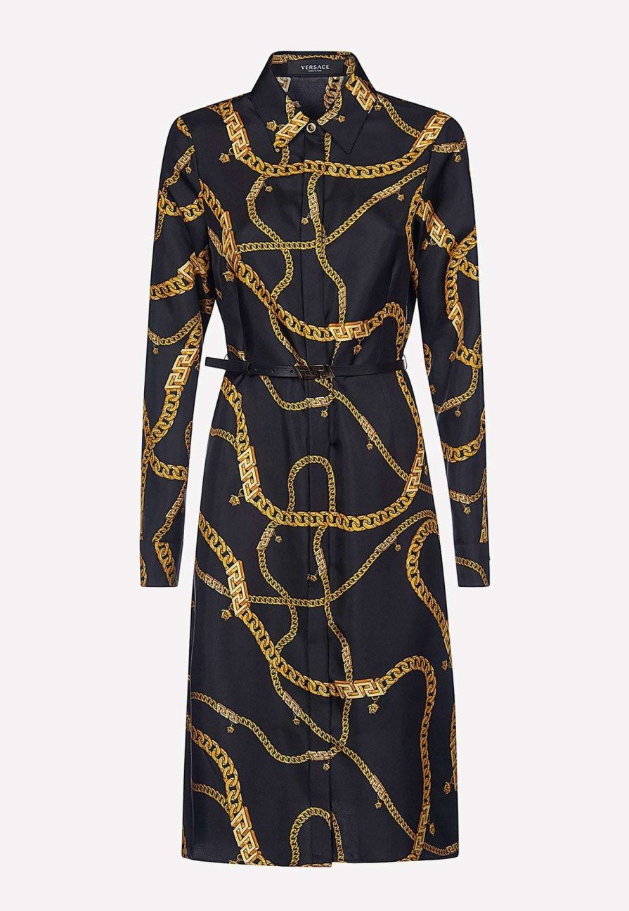 Dresses * | Versace Greca Chain Belted Midi Shirt Dress Black