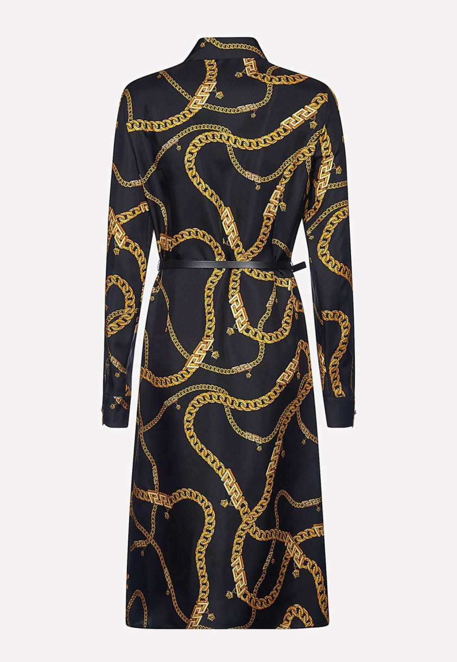 Dresses * | Versace Greca Chain Belted Midi Shirt Dress Black