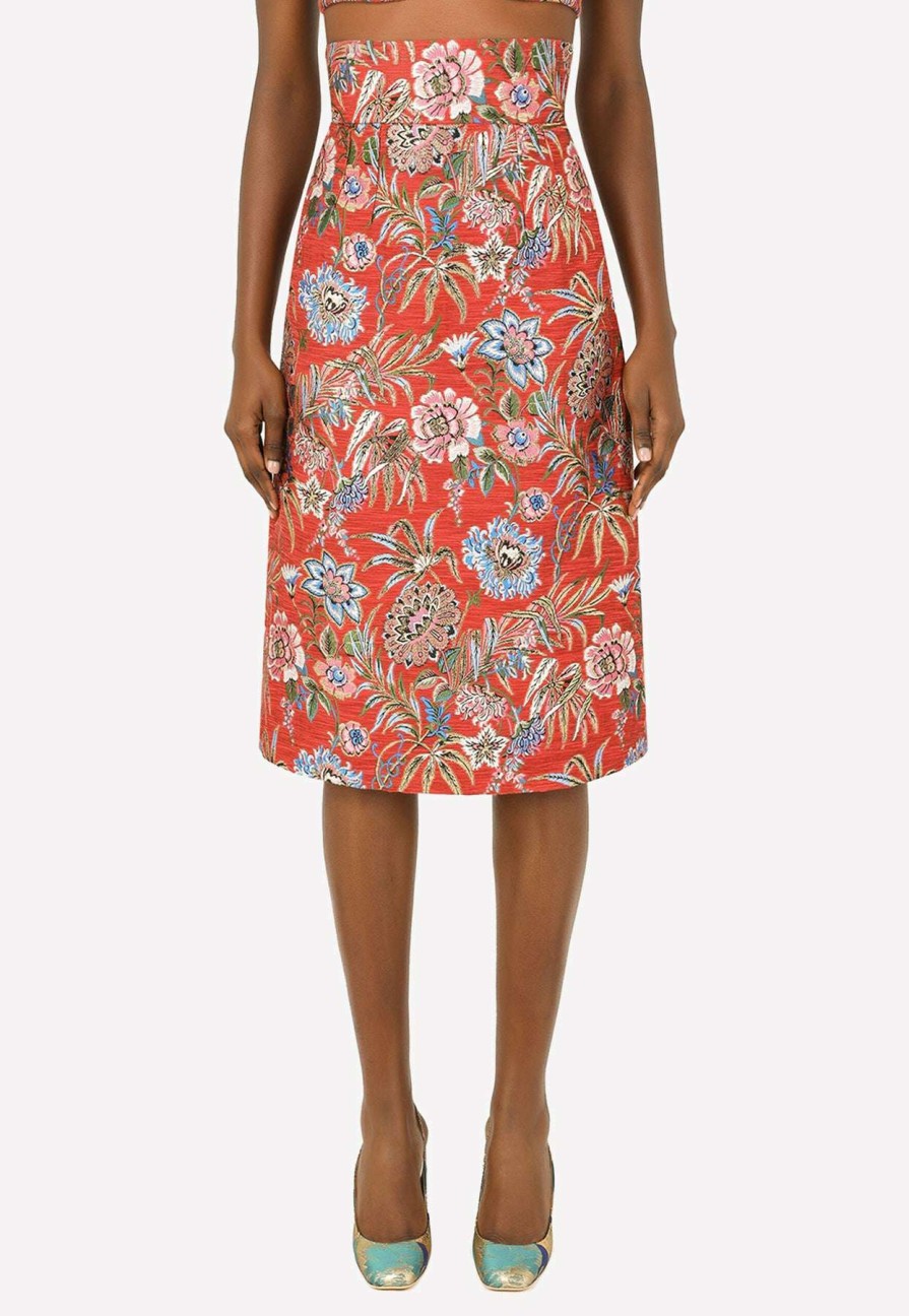 Skirts * | Dolce & Gabbana Floral Jacquard Midi Skirt Red