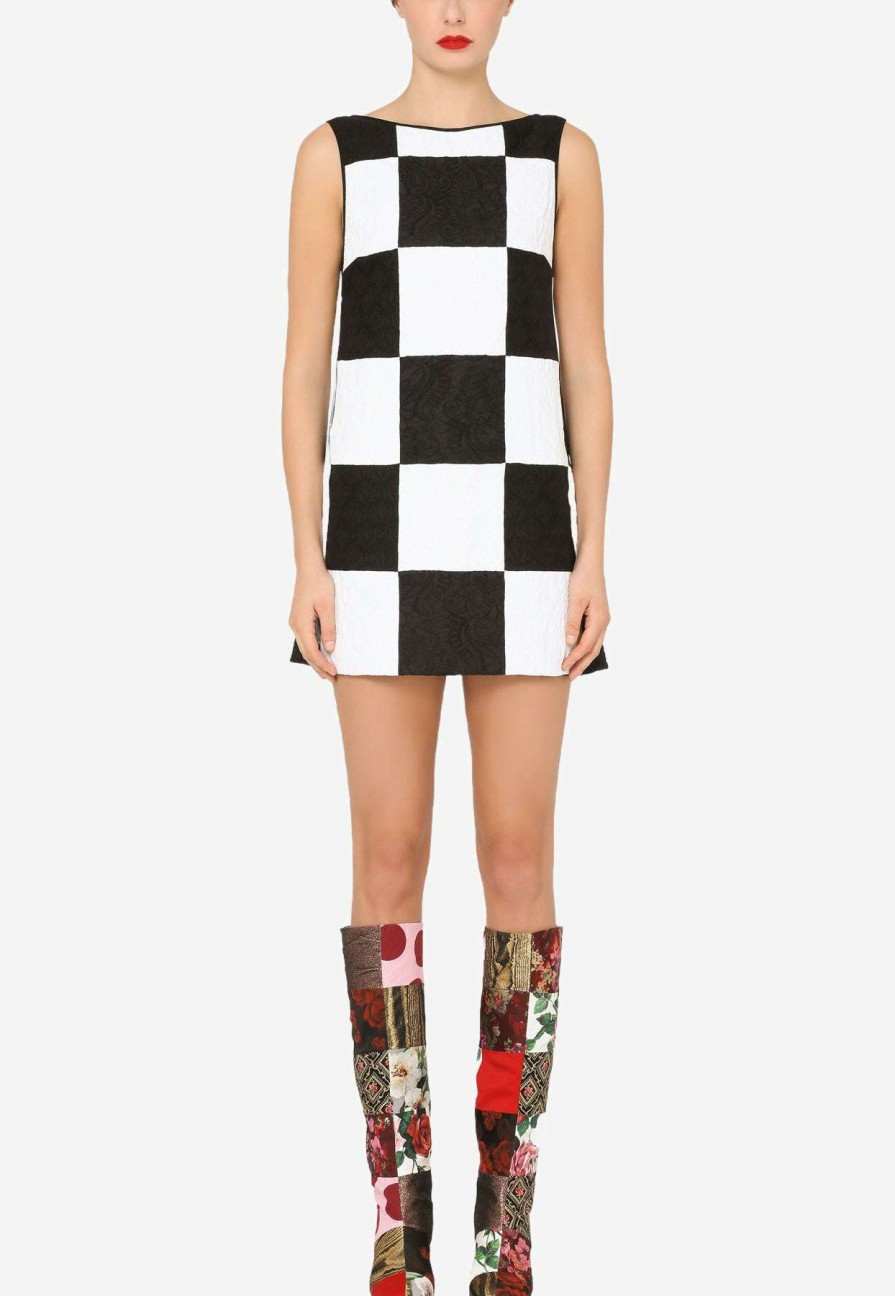 Dresses * | Dolce & Gabbana Damier Sleeveless Patchwork Jacquard Mini Dress Monochrome