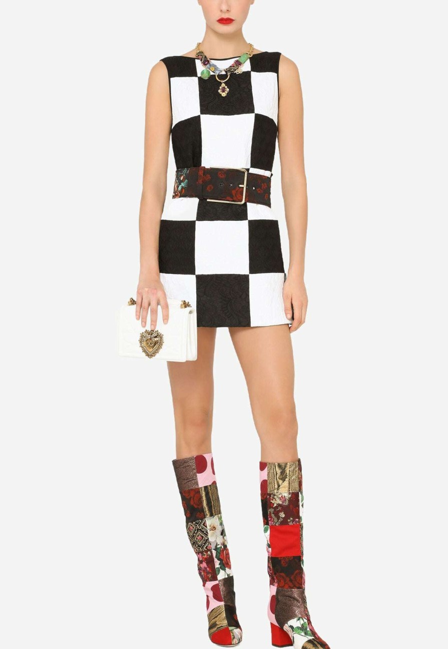 Dresses * | Dolce & Gabbana Damier Sleeveless Patchwork Jacquard Mini Dress Monochrome