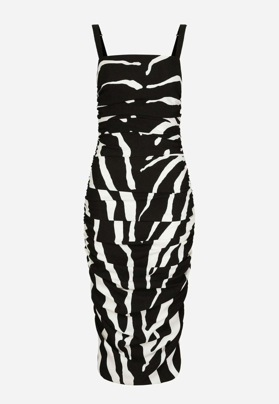 Dresses * | Dolce & Gabbana Zebra Print Ruched Midi Dress Monochrome