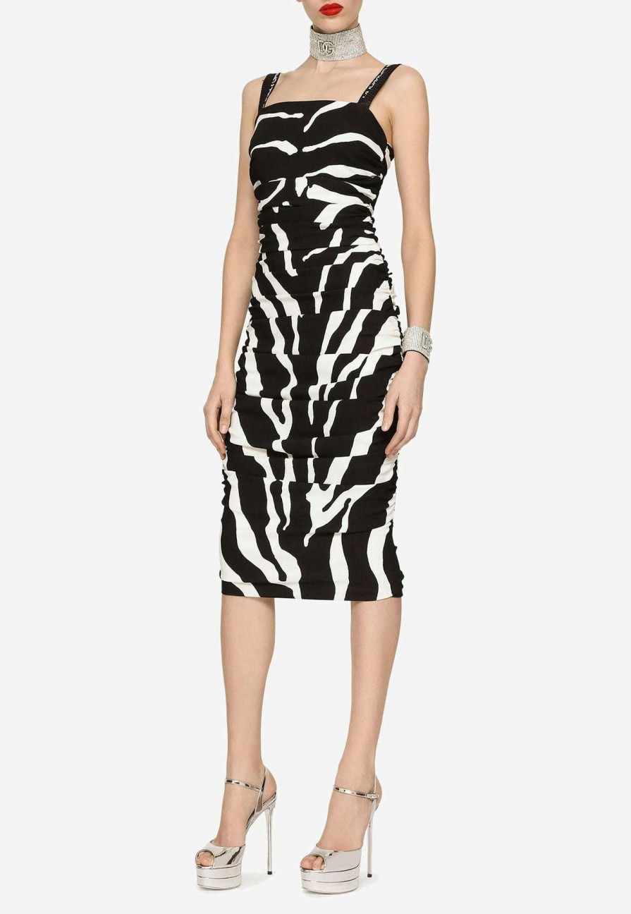 Dresses * | Dolce & Gabbana Zebra Print Ruched Midi Dress Monochrome