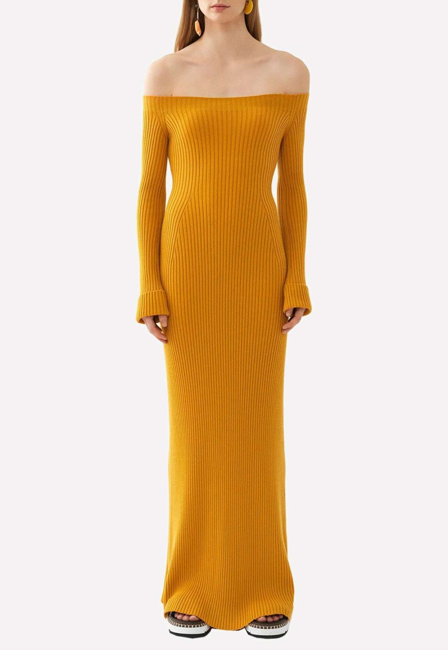 Dresses * | Chloe Off-Shoulder Ribbed Knit Maxi Dress Mustard