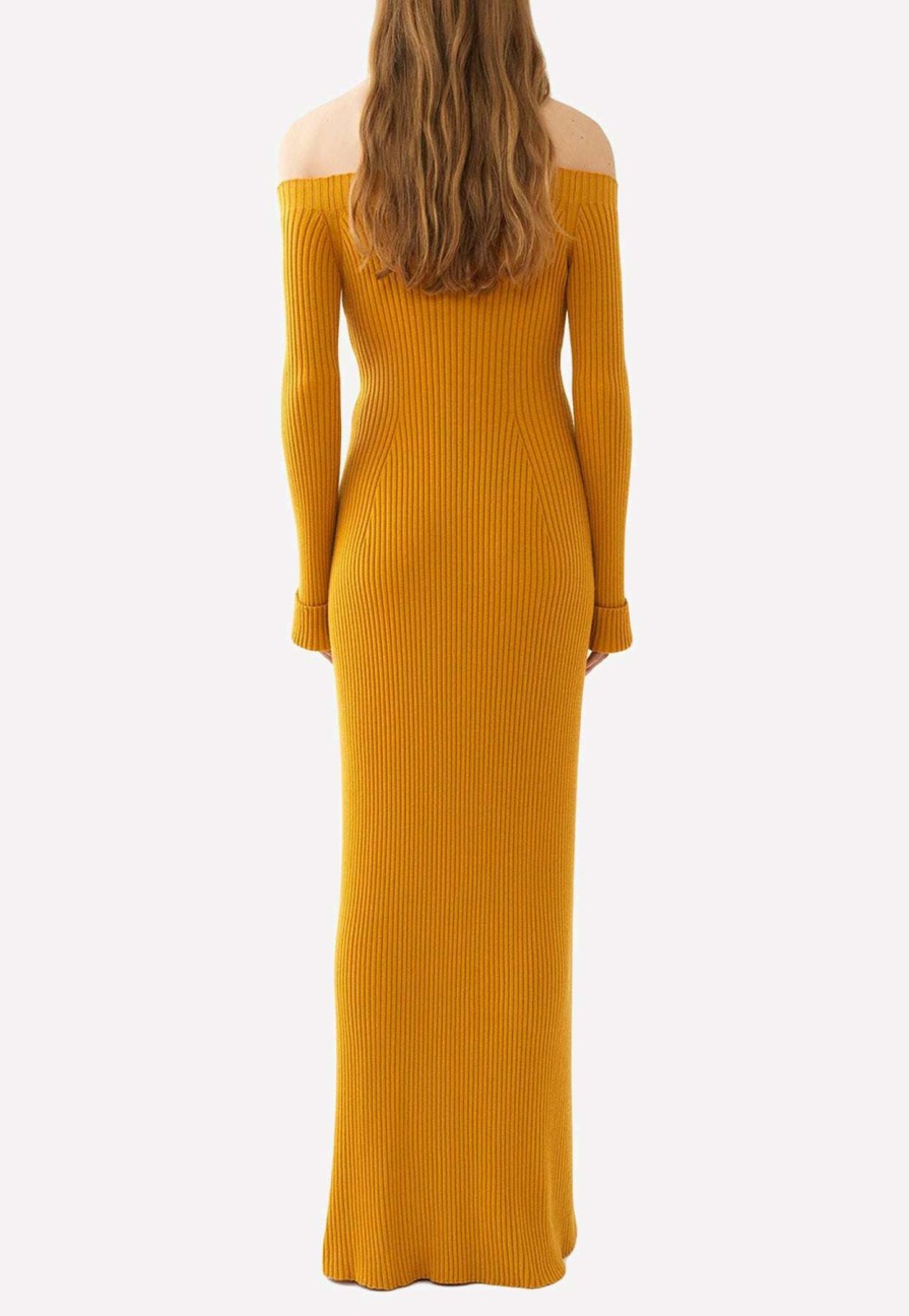 Dresses * | Chloe Off-Shoulder Ribbed Knit Maxi Dress Mustard