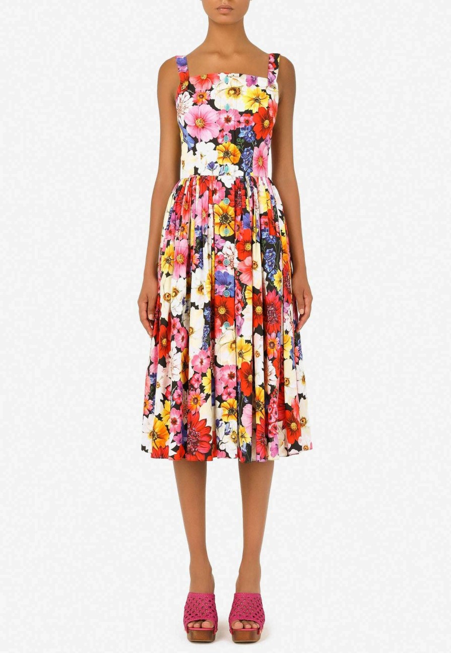 Dresses * | Dolce & Gabbana Garden Print Poplin Midi Dress Multicolor