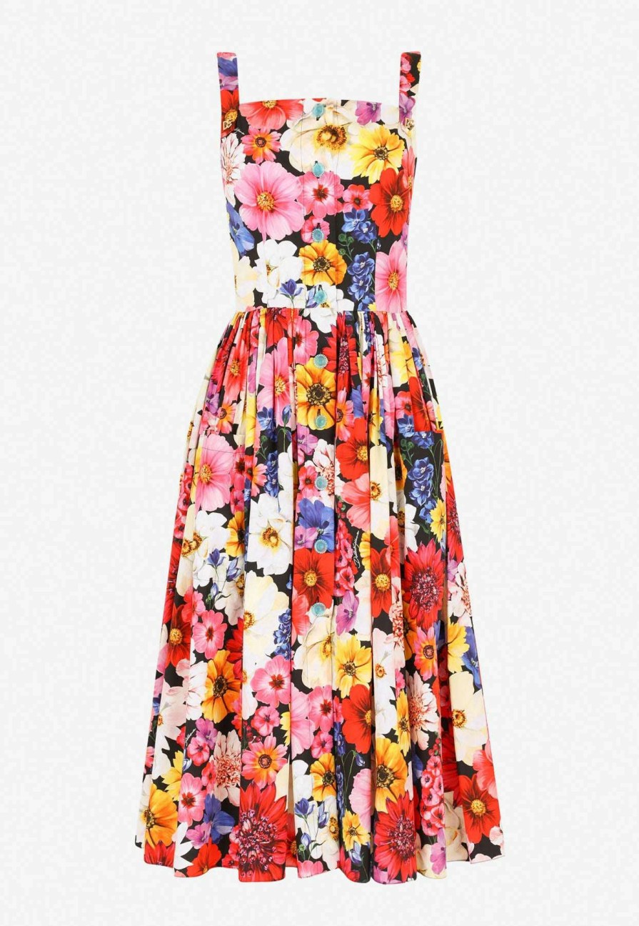 Dresses * | Dolce & Gabbana Garden Print Poplin Midi Dress Multicolor