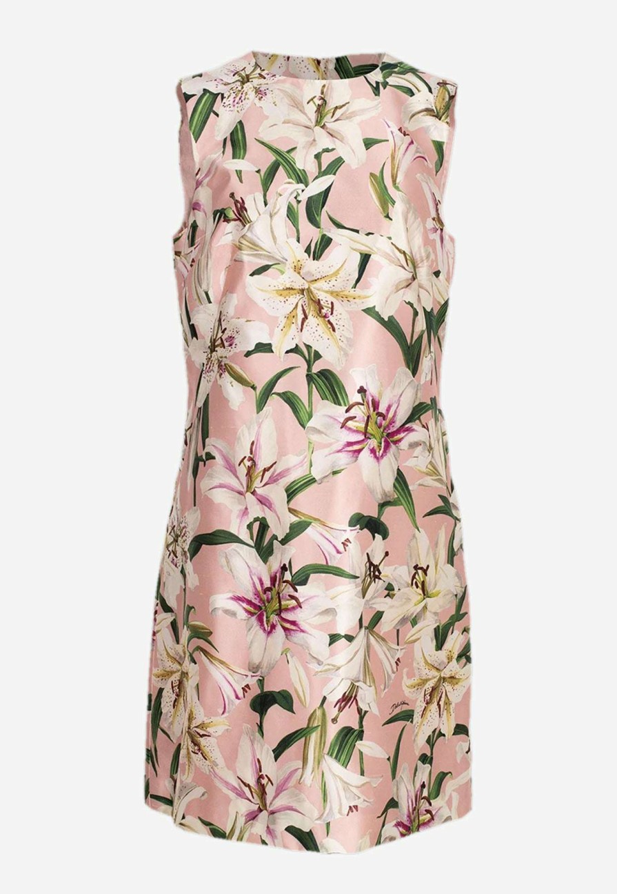 Evening * | Dolce & Gabbana Lily Print Silk Shantung Mini Dress Pink