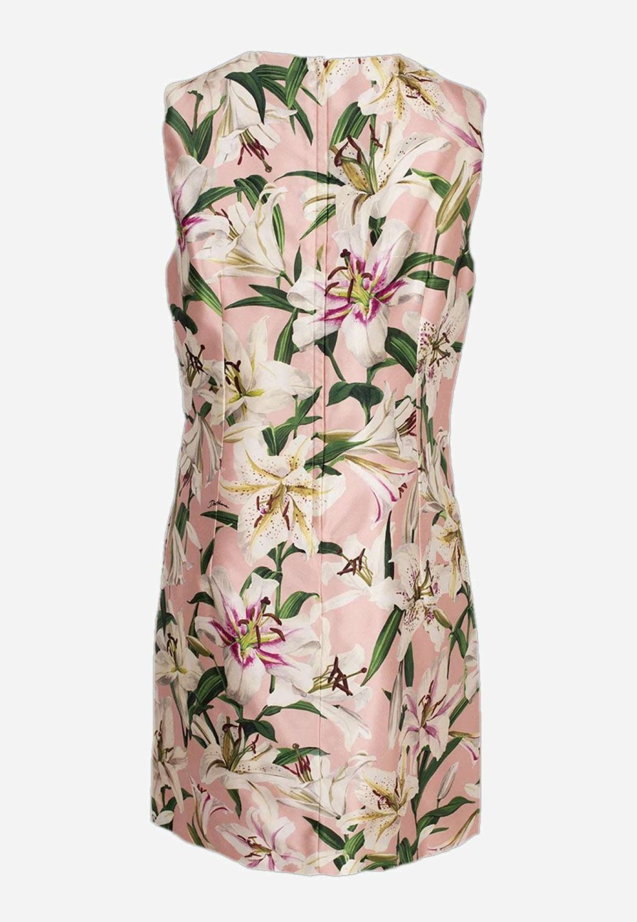 Evening * | Dolce & Gabbana Lily Print Silk Shantung Mini Dress Pink